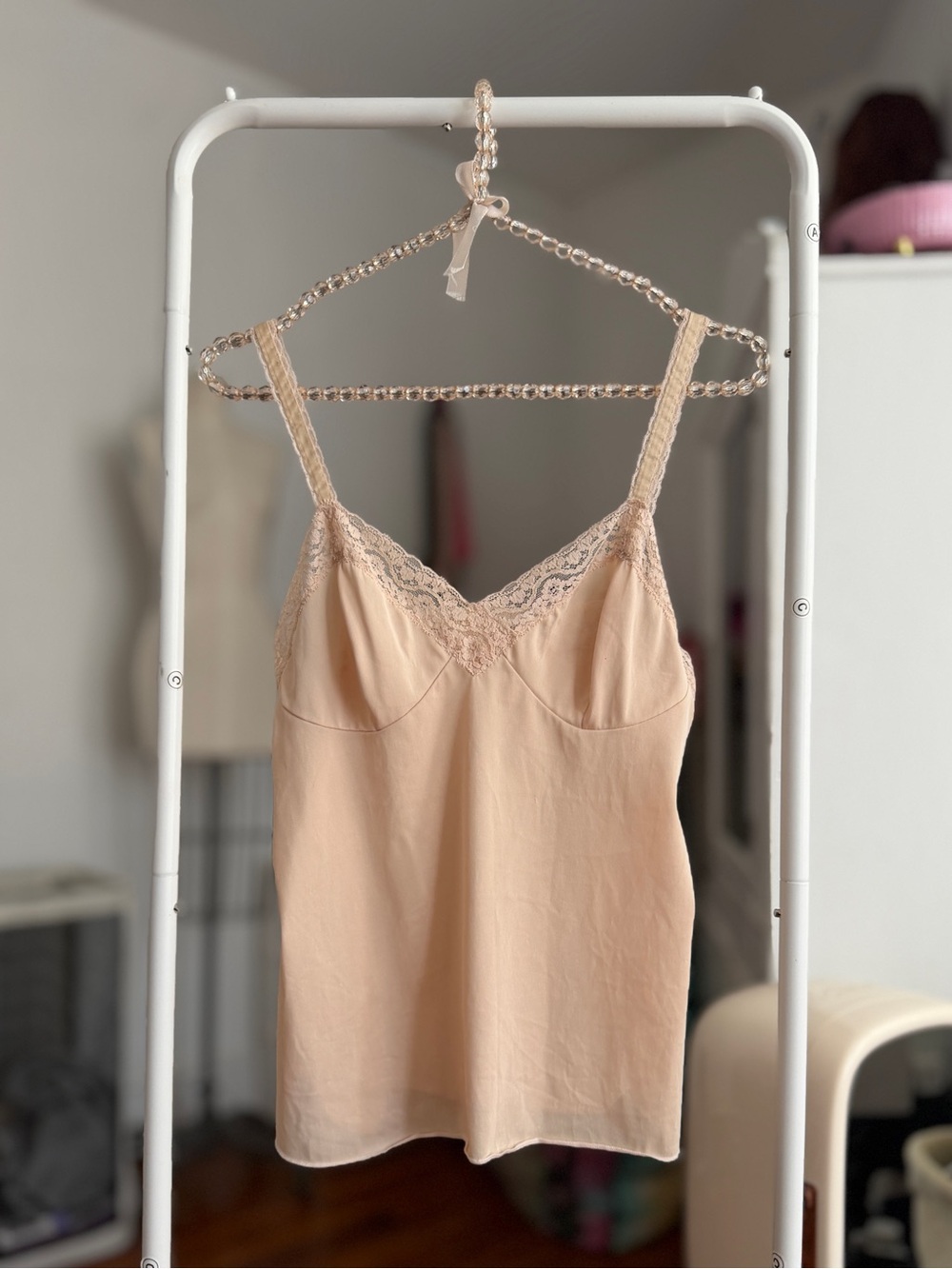 Vintage Vassarette lingerie slip top lace trim straps beige